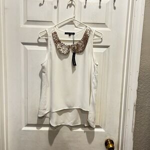 NWT Sweet Rain Womens White Sleeveless Sequin Peter Pan‎ Collar High Low Top L